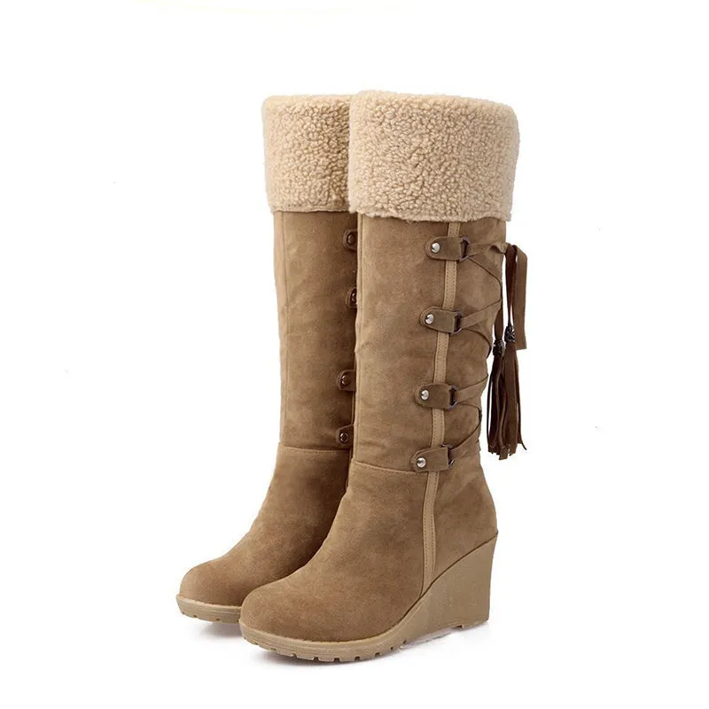 Women's knee high wedge snow boots back lace sweater boots