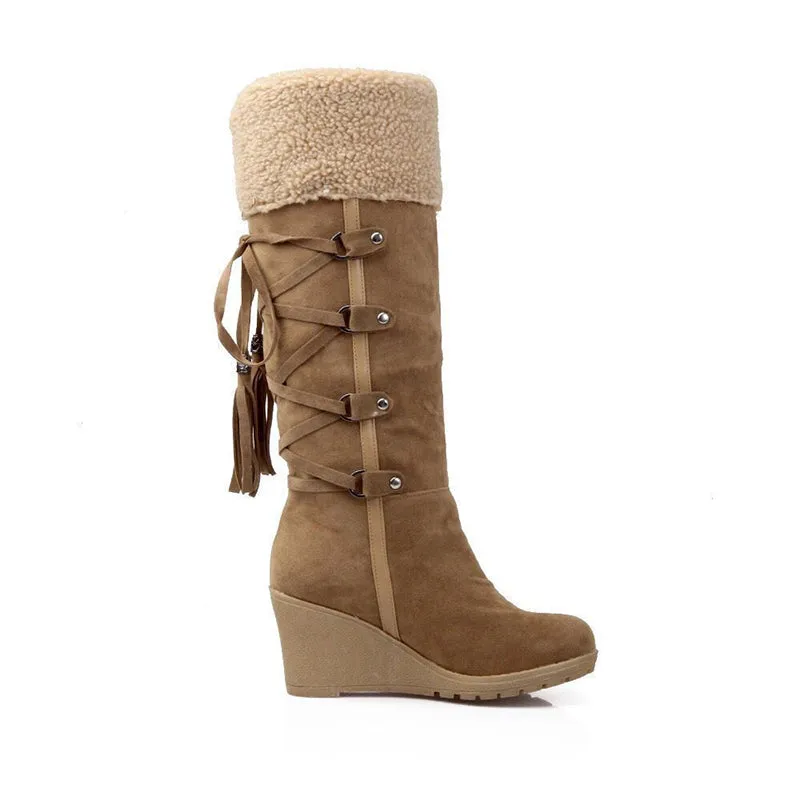 Women's knee high wedge snow boots back lace sweater boots