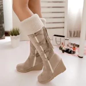 Women's knee high wedge snow boots back lace sweater boots