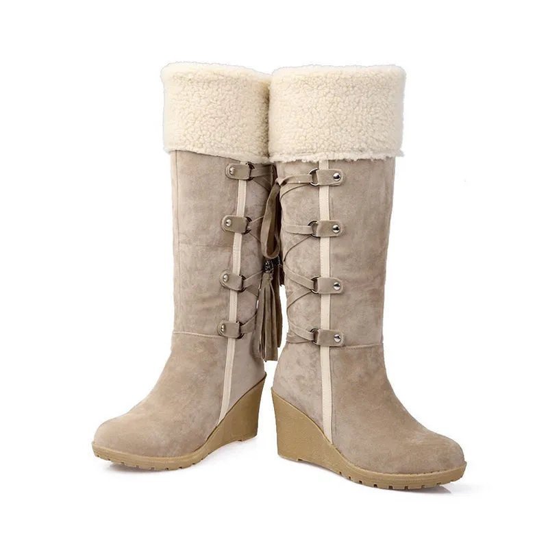 Women's knee high wedge snow boots back lace sweater boots
