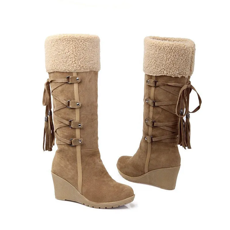 Women's knee high wedge snow boots back lace sweater boots