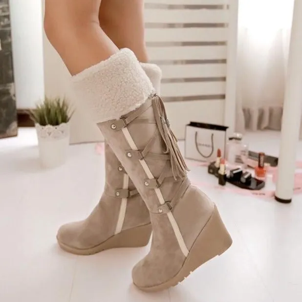 Women's knee high wedge snow boots back lace sweater boots