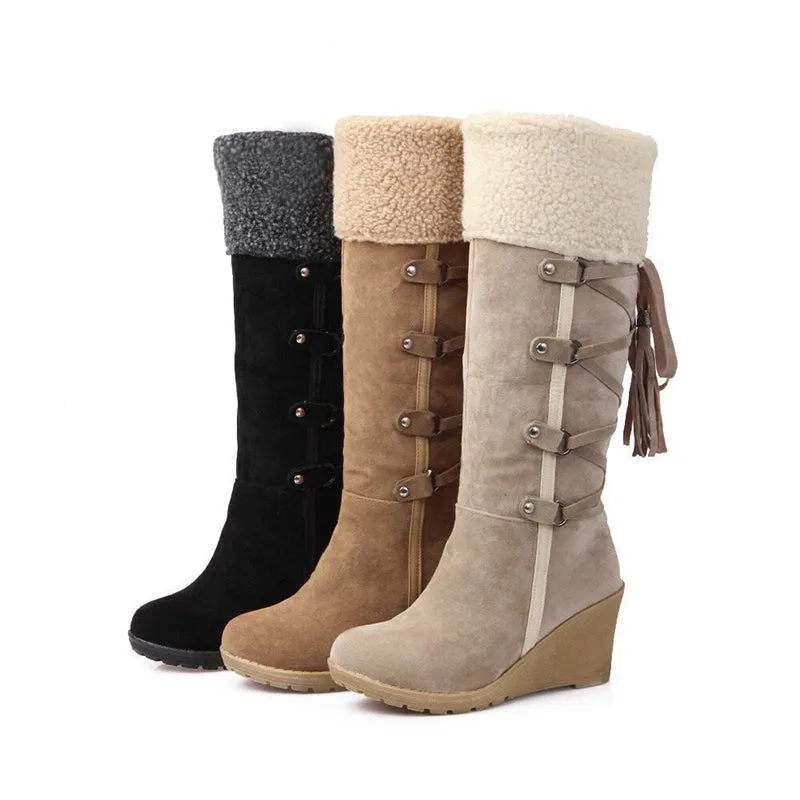 Women's knee high wedge snow boots back lace sweater boots
